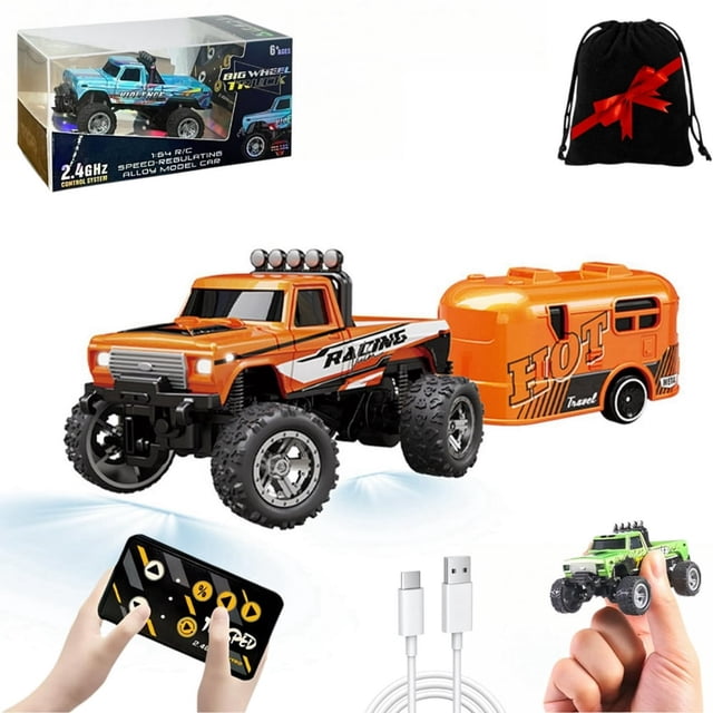 Mini Camion Monstre Rc Camion Monstre à l'Échelle 1/64 avec Lumières Voiture Télécommandée 2,4 GHz Mini Camion Monstre Rechargeable Rc Camion Semi-Remorque Rc en Alliage pour Enfants Cadeaux Vitesse Réglable