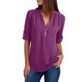 thumbnail image 2 of Hauts d'Été pour Femmes Chemises à Manches Longues d'Été pour Femmes Tunique Décontractée à Fermeture Éclair Blouse à Col en V Roulable Hauts Longs Blouses pour Femmes en Liquidation, 2 of 7