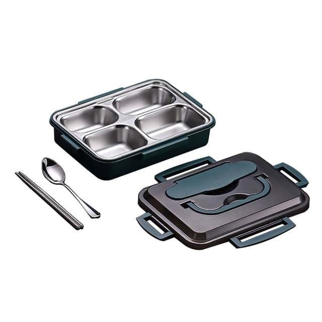 Lolmot Stainless Steel Bento Lunch Box Thermal Insulation Bento Box Tableware Set Portable Lunch Box Student Lunch Box. The image shows a dark-colored lunch box with four stainless steel compartments, a detachable lid with a phone stand feature, and a set of stainless steel chopsticks and a spoon. Made from 304 stainless steel and PP material, it is designed for thermal insulation and microwave use (plastic layer only).