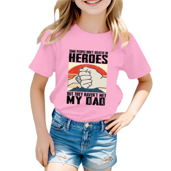 NINGMENG T-Shirts et Hauts pour Filles Enfants Été Fête des Pères Imprimé Dessin Animé Col Rond Manches Courtes Coupe Ample Décontracté T-Shirts Tenue de Vacances, Rose, 5-6 Ans
