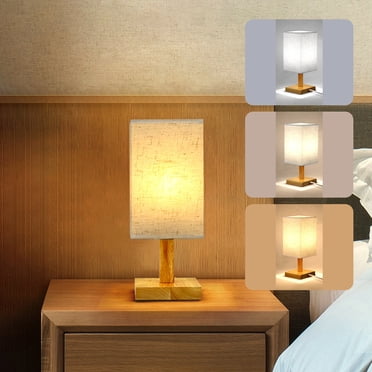 LSLJS Table Lamp for Bedroom 3 Way Dimmable Nightstand Lamp with Round Flaxen Fabric Shade for Living Room Office Dorm, Solid Wood, LED Bulb Included, Desk Lamp