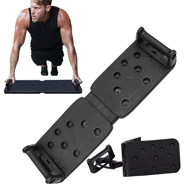 Mefallenssiah Floor Chest Muscle Training Board, a black ABS plastic fitness rack and multifunctional strength training equipment. Features a foldable design with non-slip, sweat-proof push-up handles. The board measures 68.6x19.4x2cm and is portable for home workouts for men and women. Includes a close-up of the board and a demonstration of its use for push-ups.