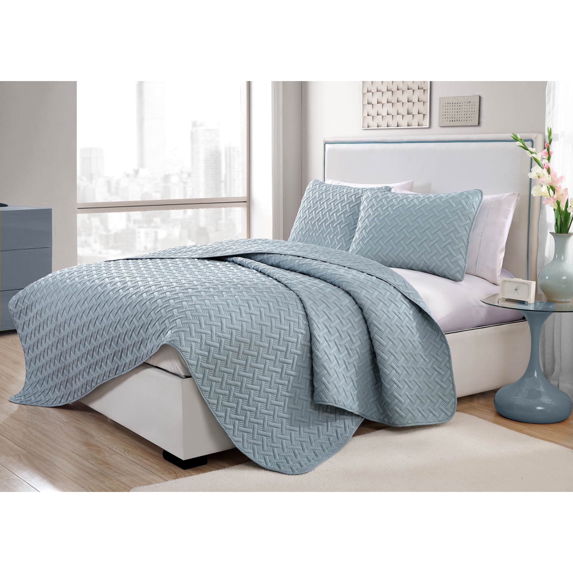 3pc Full/Queen Nina Embossed Quilt Set Blue - VCNY Home: Hypoallergenic Microfiber Coverlet with Shams