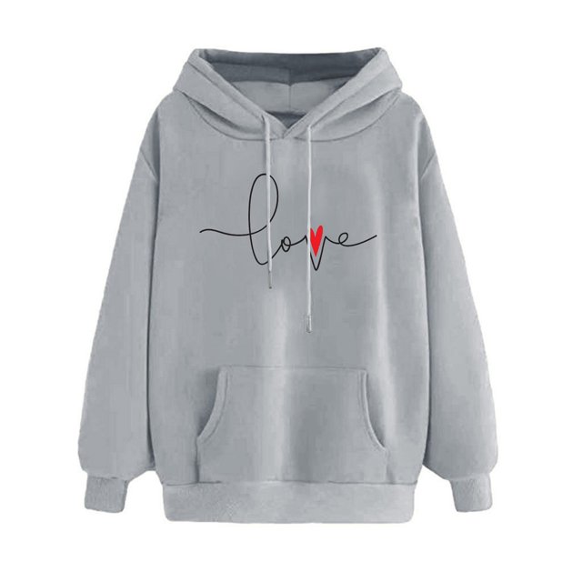 zanvin Hoodies for Teen Girls Cute Heart Graphic Pullover Tops Oversized Drawstring Sweatshirts Comfy Top in grey. This lightweight polyester hoodie features a crew neckline, long sleeves, and a front kangaroo pocket. The design includes a 'love' graphic with a red heart accent on the chest. Suitable for casual wear, school, or outdoor activities during fall and spring.