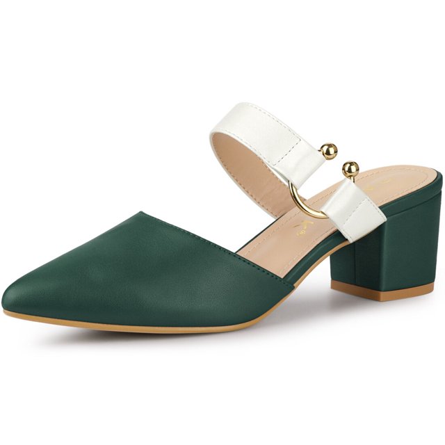 BLISSFUL STEP Mules pour Femmes Bout Pointu Bride à Boucle Talon Bloc Chaussures à Enfiler Vert Blanc 10