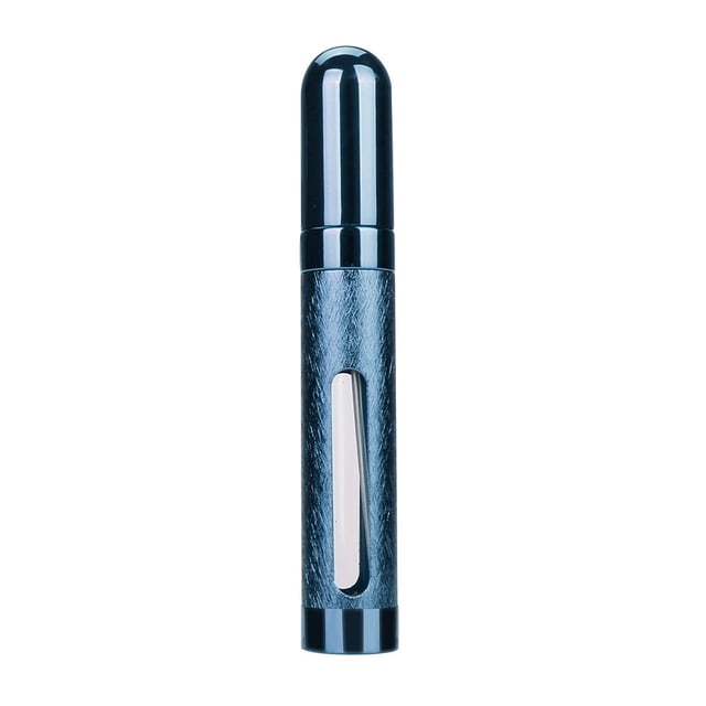 TIMIFIS Spray Bottle 12ml Perfume Bottle Mini Portable Travel Refillable Perfume Atomizer Bottle. A compact, cylindrical blue bottle with a metallic finish and a transparent window to view the liquid level. Made of aluminum metal with a glass liner, it features a screw and pump sprayer design, ideal for perfumes, oils, or other liquids. Measures 11.5x1.7cm and holds up to 12ml, making it suitable for travel or personal care use.