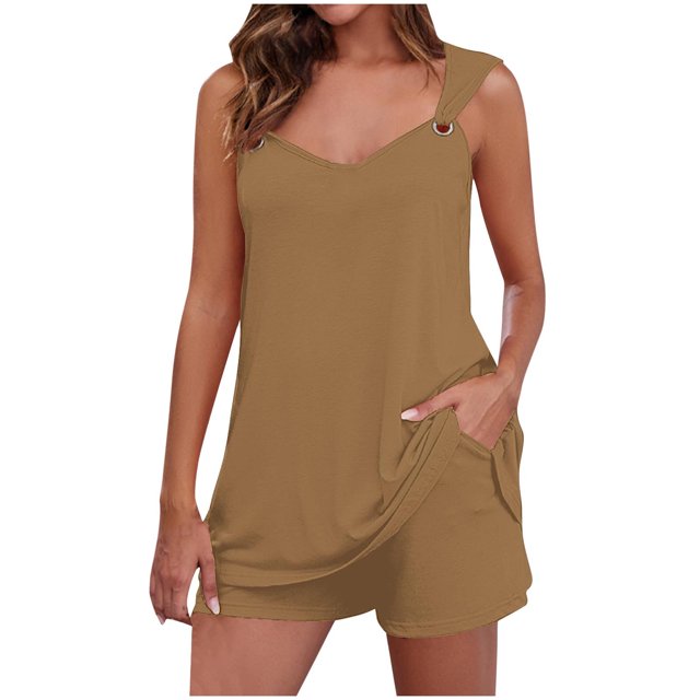 Yuyuzo Womens Lounge Sets Two Piece Square Neck Tank Tops Wide Leg Shorts with Pockets Matching Outfits