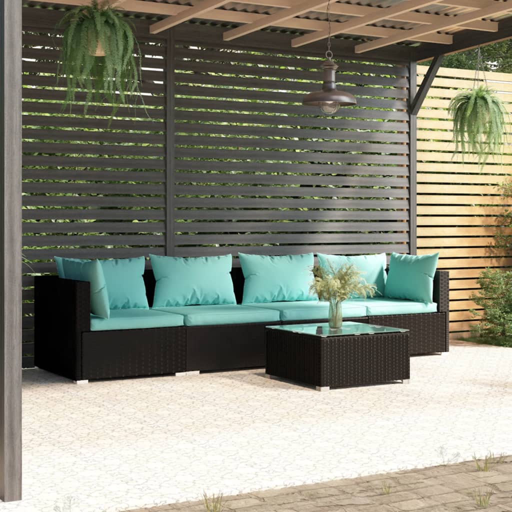 vidaXL Ensemble Salon de Jardin 5 Pcs avec Coussins en Résine Tressée Noir