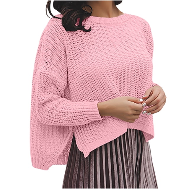 Timegard Hauts en Tricot pour Femmes Col Ras du Cou Fendu Manches Longues Court Chandail Automne Hiver Chandails Amples