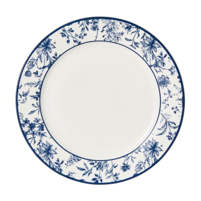 Fraiche Assiettes de Souper, Lot de 4, avec des Assiettes en Porcelaine Blanche de 10,5 Po avec un Autocollant floral Bleu sur le Bord, Va au Lave-Vaisselle et au Micro-Ondes, Convient aux Repas Saisonniers et à Agencer avec la Vaisselle des Fêtes Fraiche.