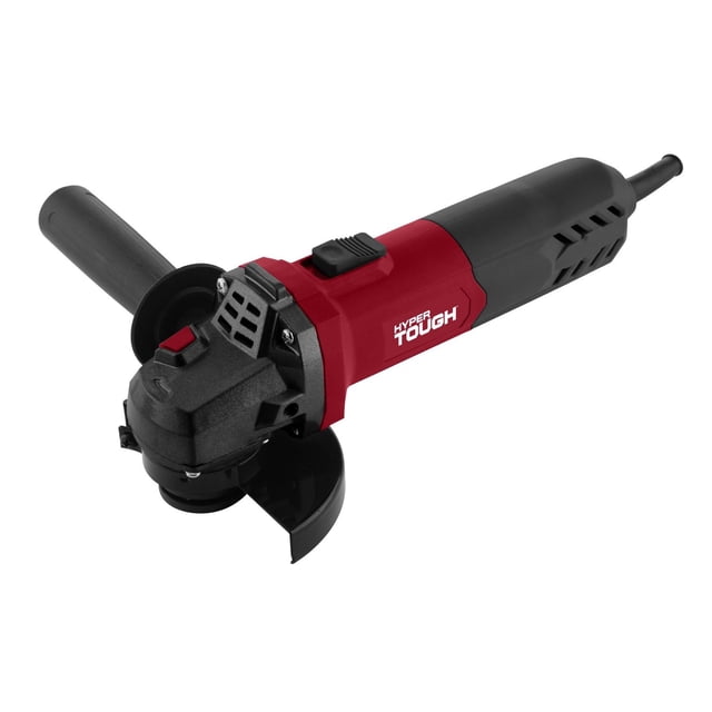 Hyper Tough 6.0-Amp Angle Grinder with red and black housing, 4-1/2 inch grinding wheel, adjustable auxiliary handle on the left side, ventilation slots on the motor casing, and a top power switch, designed for metal grinding, cutting, and slag removal.
