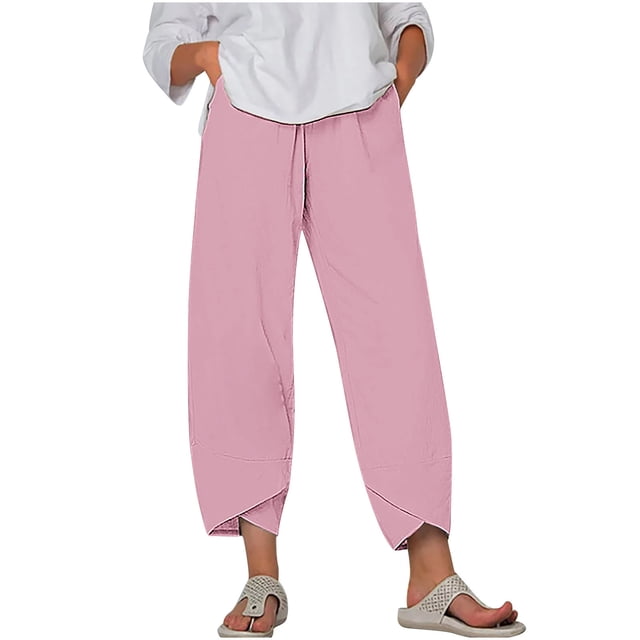 Timegard Plus Size Pants for Women Elastic Waist Solid Color Comfy Fall Casual Crop Pants with Pockets