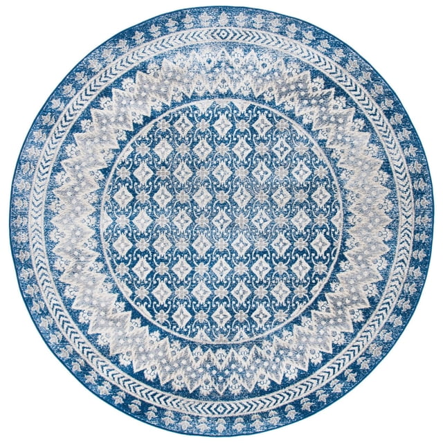 SAFAVIEH Brentwood Dolkar Abstract Geometric Area Rug, round with a blue and white detailed geometric and floral pattern. Made from soft synthetic yarns in a close cut pile, this durable accent rug suits traditional and transitional decor and is ideal for adding warmth and texture to living spaces.
