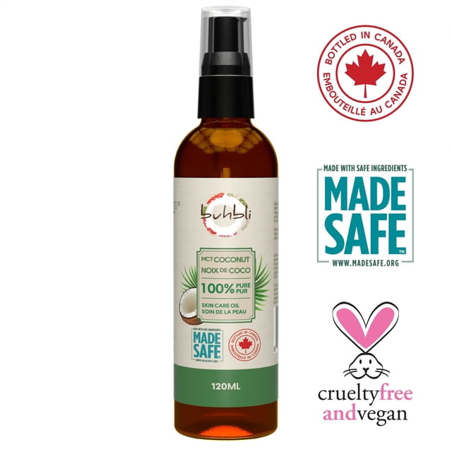 Buhbli Brands MCT Huile de Noix de Coco 120 ml dans une Bouteille en Plastique Ambre avec Pompe Noire et Bouchon Transparent, Étiquetée Huile de Soin de la Peau 100 % pure, Fabriquée au Canada, Certifiée Sécuritaire, Sans Cruauté et Végane, Idéale comme Huile pour le Corps et Huile de Support pour les Huiles Essentielles en Aromathérapie.