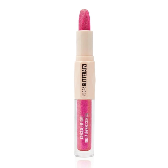 Hard Candy Glitteratzi Duo de Lèvres en Cristal Présentant un design à Double Extrémité avec un Rouge à Lèvres Métallique Rose Chromé Facetté et un tube Transparent de Brillant Pailleté Rose Étincelant, Offrant un Charmant Pailleté 3D à Fort Impact et une Brillance Longue Durée, Convenant pour Ajouter une Étincelle Audacieuse aux looks de Maquillage.