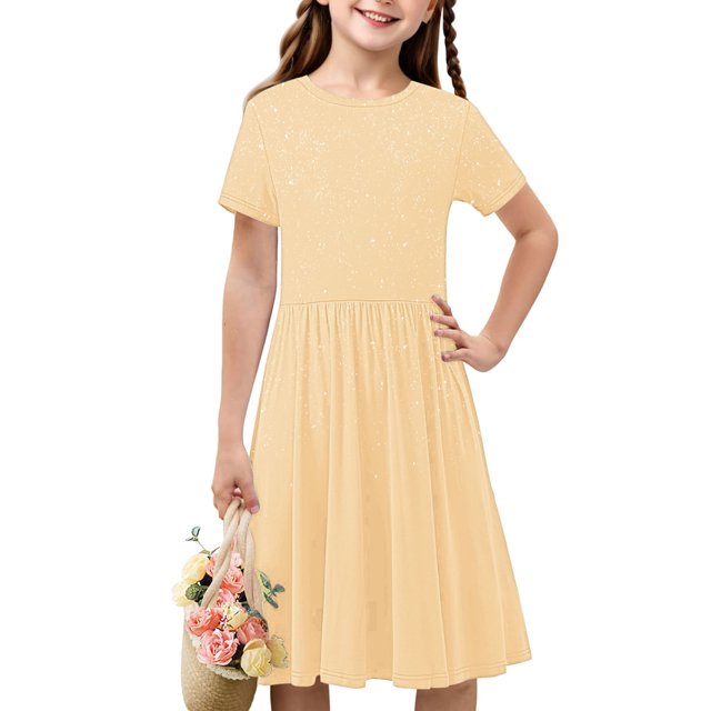 Offre Hebdomadaire d'Été Iumwxz Robe Décontractée Trapèze Robe Tunique pour Adolescentes Robes Col Rond Robe à Manches Courtes Brillante à Motif pour Enfants Robes Stylées pour Fête des Fêtes 4-14 Ans