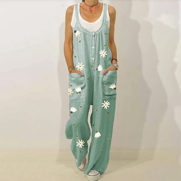 Drppepioner Women's Fashion Pants Overalls Rompers Daisy Printed Buttons Suspender Jumpsuit Women Plus Size