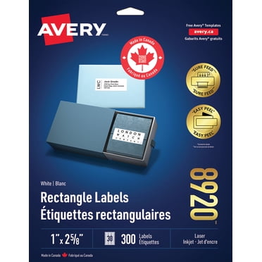 Avery Étiquettes rectangulaires blanches avec technologie Sure Feed, Technologie Easy Peel, 1 po x 2 ⅝ po, pour imprimantes laser et à jet d'encre - 8920