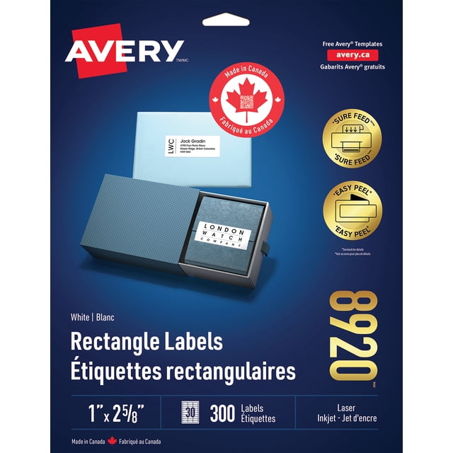 Avery White Rectangle Labels with Sure Feed Technology, Easy Peel, 1" x 2 ⅝", for Laser and Inkjet Printers - 8920