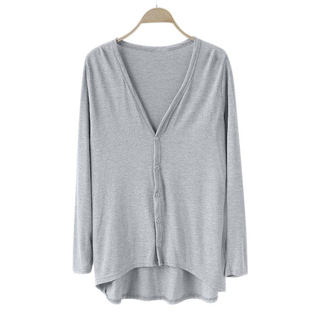 Breezora Ladies V Neck Modal Asymmetrical Long Sleeve Open Front Cardigan Sweater Grey