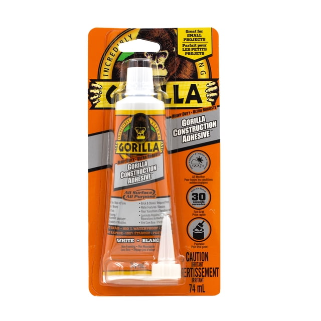 Gorilla Adhésif de Construction Robuste 74 ml en tube dans un Emballage en Plastique Transparent avec Dos orange et Noir, Mettant en Vedette le logo Gorilla et un Texte Mettant en Valeur Toute Surface, Polyvalent, Imperméable, Adhésif pour Combler les Interstices avec Prise Rapide en 30 Secondes, Peignable et Adapté aux Projets d'Adhérence de Carreaux Intérieurs et Extérieurs.