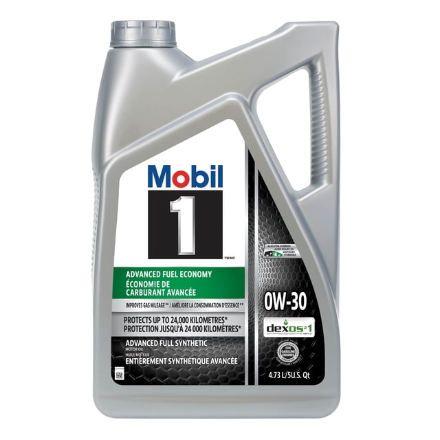 Mobil 1™ Advanced Fuel Economy Full Synthetic Motor Oil 0W-30, 4.73 L front-facing plastic jug with screw cap and Mobil 1 label, 0W-30 full-synthetic formula designed to enhance fuel economy and provide engine protection where 0W-30, 5W-30 or 10W-30 is recommended; suitable for winter cold-start service fills.