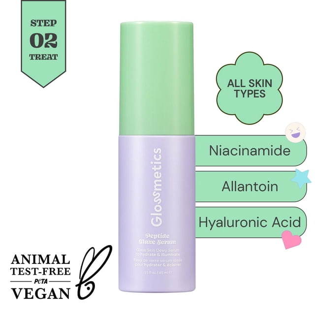 Peptide Glaze Serum - 45ml by Glossmetics, a lavender bottle with a mint green cap, featuring niacinamide, allantoin, and hyaluronic acid for hydration and brightening, suitable for all skin types, vegan and animal test-free certified.