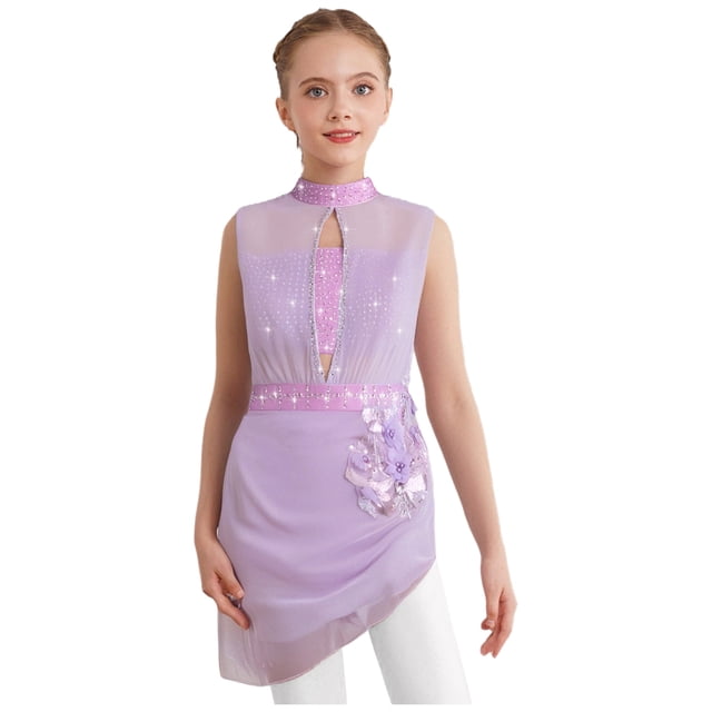 Oyolan Robe de Patinage Artistique Brillante pour Filles, Robe de Danse Lyrique, Justaucorps de Ballet à Jupe Froncée pour Compétition, Lavande 6