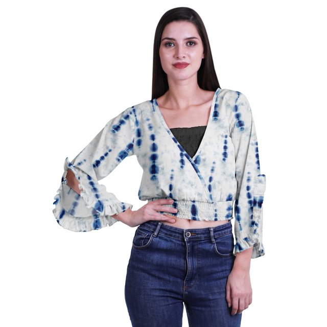 Moomaya Printed Womens Crop Top Wrap Style Top Wear Ruffle Long Sleeve Casual Summer Blouse
