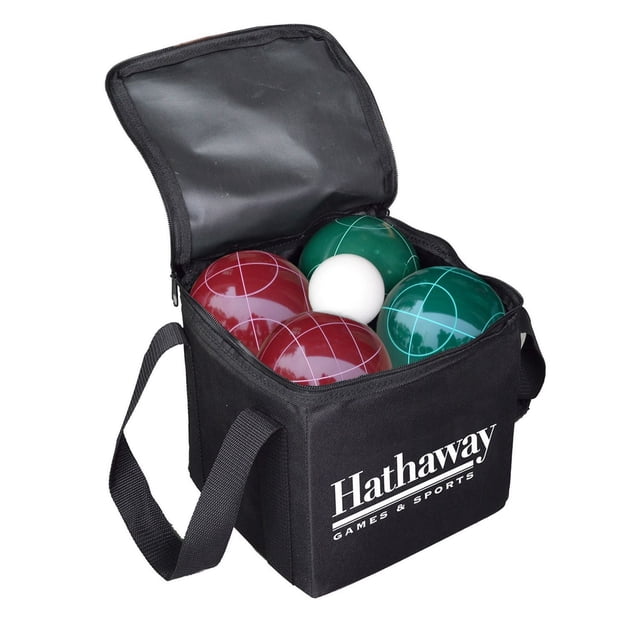 Hathaway Bocce Ensemble de Balles avec un Sac de Transport en nylon Noir Résistant aux Intempéries, Tenant Huit Balles de Bocce de Diamètre 3,5 Pouces, Quatre Rouge Foncé et Quatre Vert Foncé, plus une Balle Pallino Blanche de 1,5 Pouces, Convient aux Jeux Extérieurs sur Pelouse et dans la Cour Arrière.