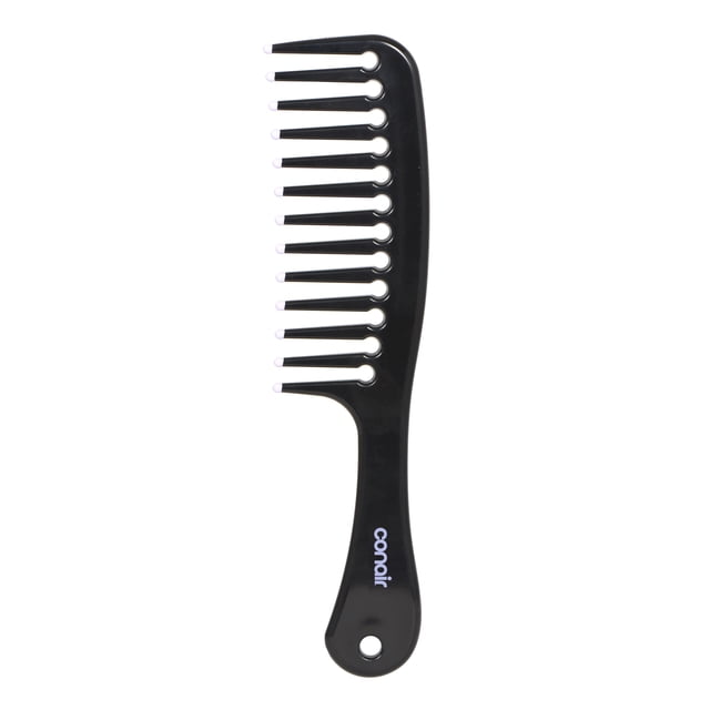 Conair Brushology Detangle Comb, Wide Teeth Hair Comb, Black, 1 Pc black wide-tooth detangling comb with ball-tipped ends and widely spaced holes for flexible teeth; shown front-facing on a neutral background, suitable for wet or dry hair, curls, coils and thick textures, often used to help distribute conditioner evenly.