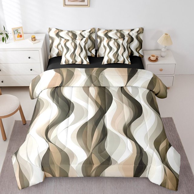Erosebridal Modern Abstract Bedding Sets King Size, Stripes Wave Comforter Sets with Sheets, Chic Geometric Reversible Bed Sheets Set, Breathable Room Decoration, 7pcs