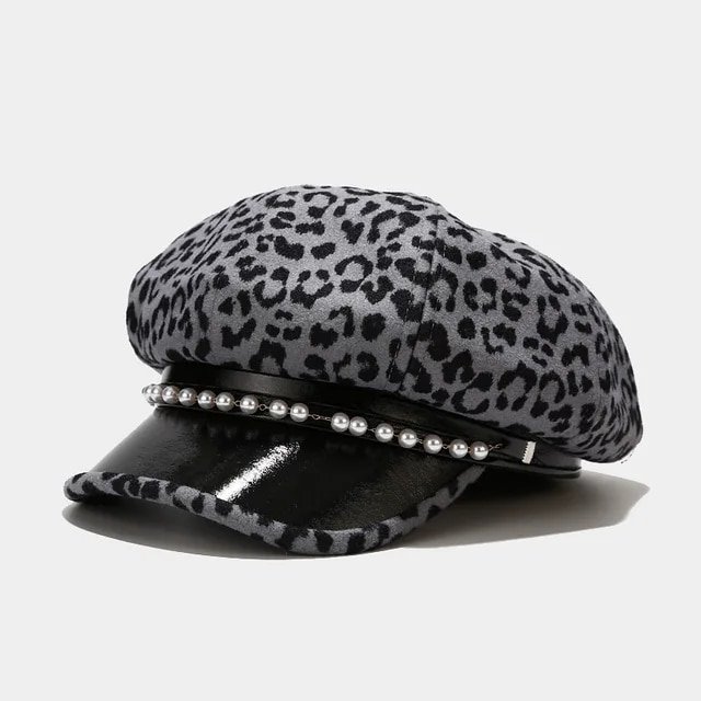 LinYooLi Chapeau Militaire Léopard Mode pour Femmes Printemps Automne Chapeaux Marins Bérets Plats Perles Voyage Octogonal Extérieur
