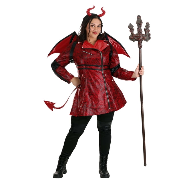 Women's Plus Size Leather Devil Costume designed for Halloween, featuring a red faux leather jacket with black accents, devil horns, wings, and a tail. The outfit is paired with black pants and boots, and includes a trident accessory.