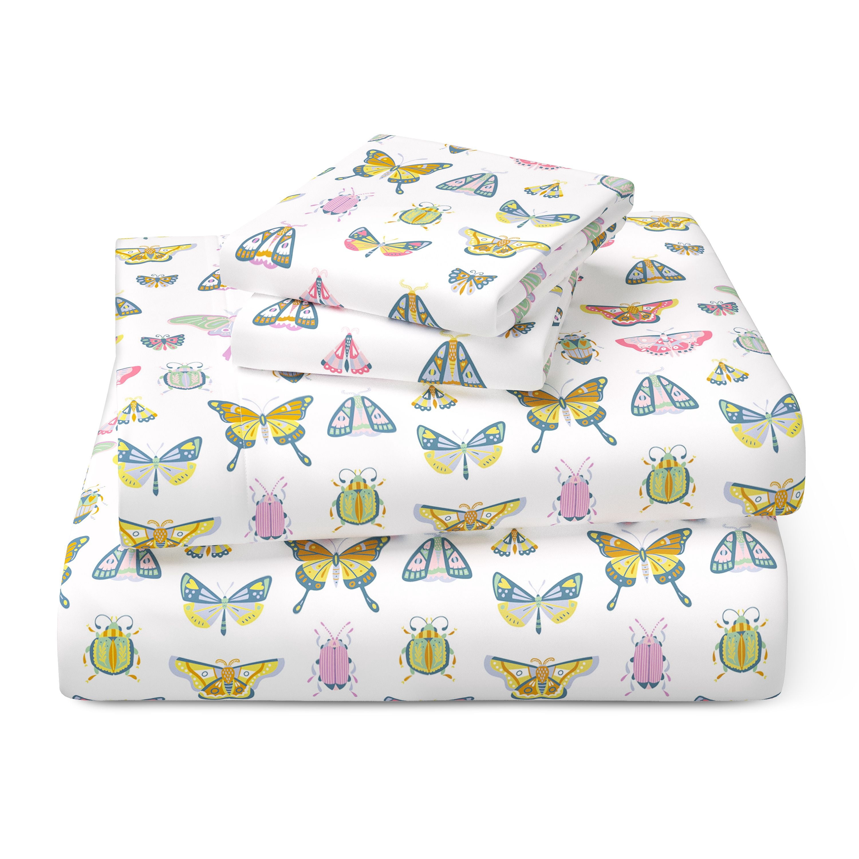 Mainstays Kids Microfiber Bed Sheet Set, Queen, Butterfly, 4 Pieces