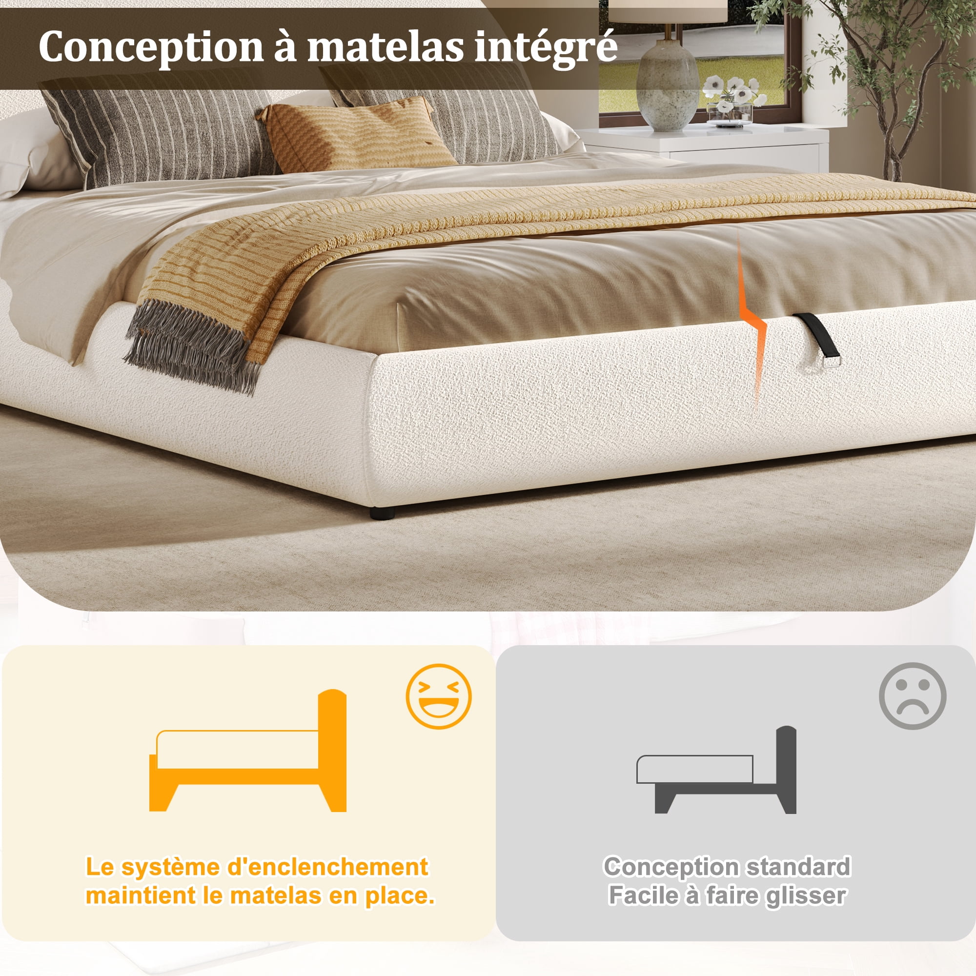 Noble House Lit Plateforme Bouclé Grand Size, Tête de Lit Ronde Courbée, Cadre Bas, Blanc