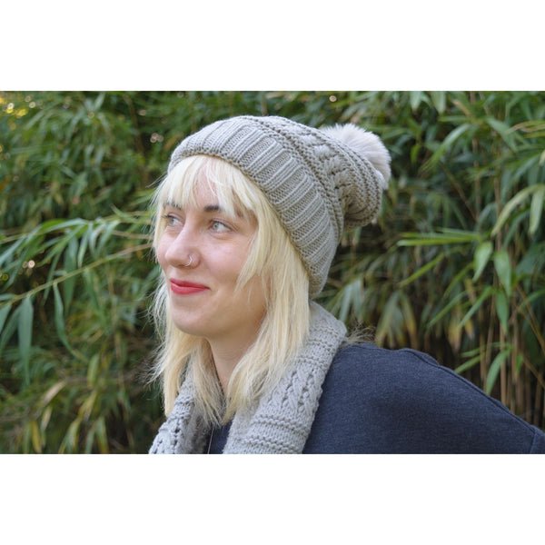 Women Fur Lined Beanie Pom Pom Hat and Scarf Set