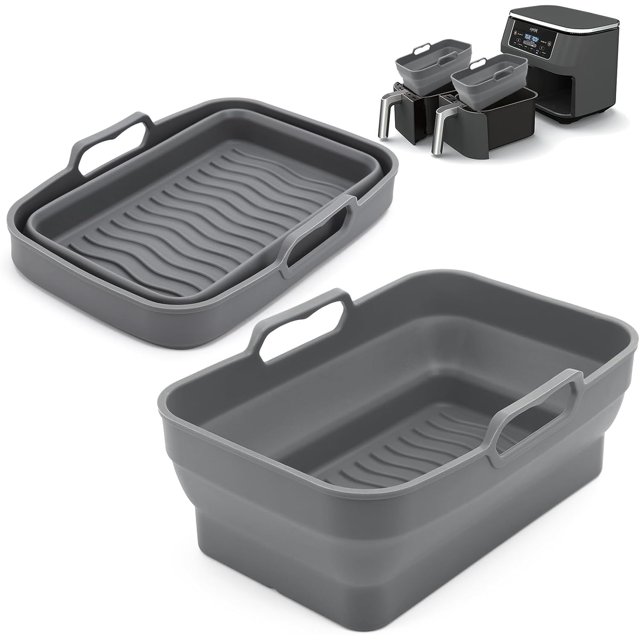 Air Fryer Silicone Liners Pot for Ninja Foodi Dual DZ090 6QT, 2 Pack Reusable Air Fryer Silicone Replacement Basket Bowl, Collapsible Baking Tray for Air Fryer Accessories (Gray)