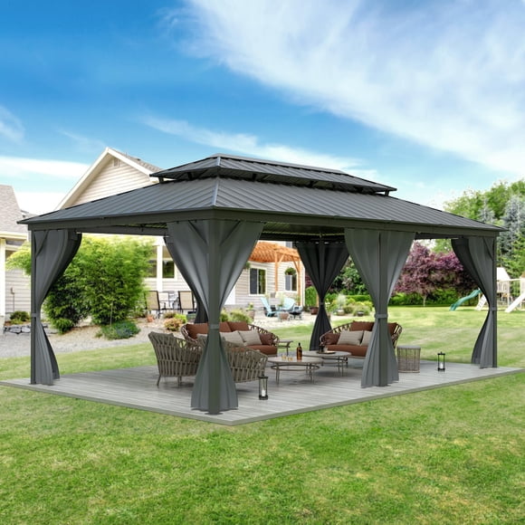 Galvanized Steel Double Roof Aluminum Pergola – 12x20FT Hardtop Pavilion with Curtains & Mosquito Net – Permanent Outdoor Canopy for Patio, Lawn, Garden, Deck, Party, System Default Color