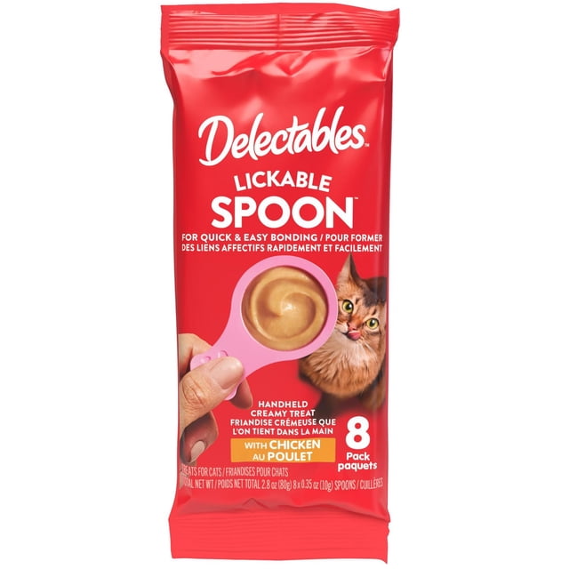 Delectables Cuillère Léchable Poulet 8 Paquets Paquet de Gâteries Humides pour Chat en Rouge avec une Main Tenant une Cuillère Rose Remplie de Purée de Poulet Crémeuse et un Chat Qui Se Lèche les Lèvres, Conçu pour des Gâteries pour Chat Rapides, Sans Dégâts et Douces Sans Grains.