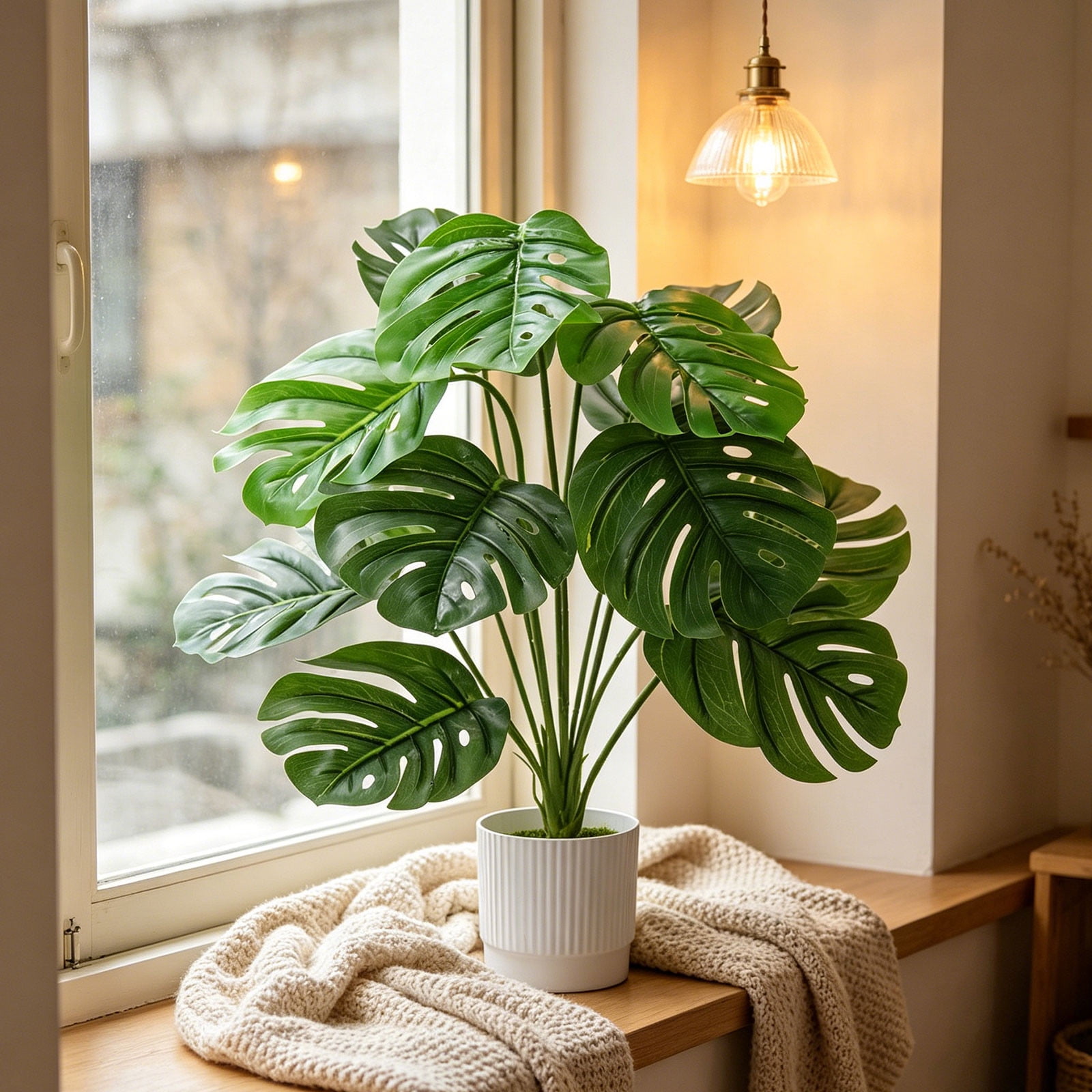 Artificial Monstera Plant with Pot 17.7in Faux Tropical Potted Plant for Indoor Home Office Decor Realistic Fake Monstera Leaves for Living Room Bedroom Desk Decoration