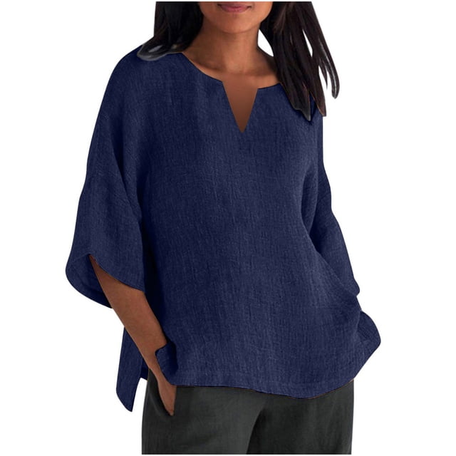 Pompotops Femmes Mode Été V Cou Loisirs Trois-Quart Manches Solides Tops