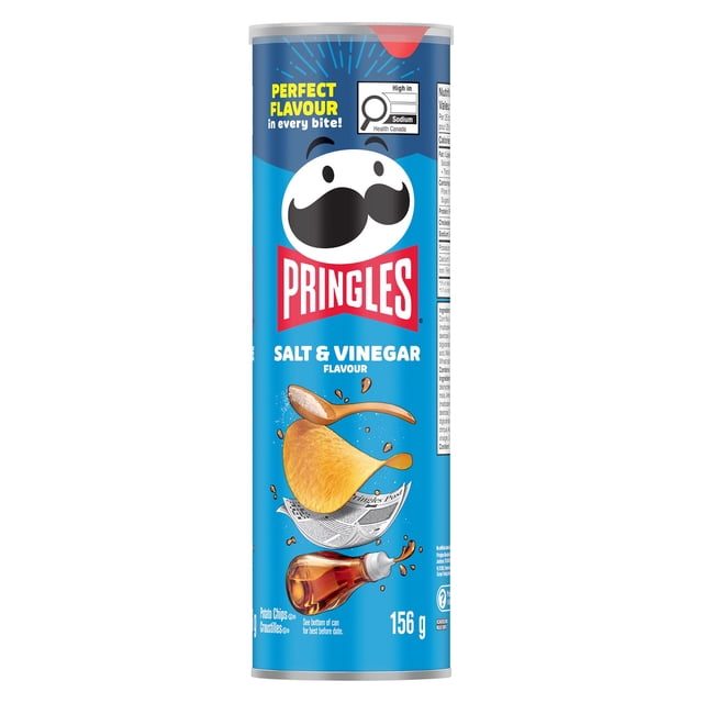 Pringles Salt & Vinegar Flavour Potato Chips 156 G in a blue cylindrical can featuring the Pringles mustachioed logo, a large chip with salt and vinegar splash graphics, and resealable packaging ideal for fresh snacking.
