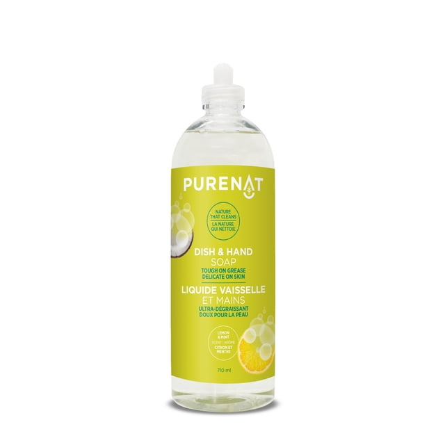 PURENAT Dish & Hand Soap Lemon & Mint 710ml clear plastic bottle with white flip-top cap, yellow label with white and teal text stating it is tough on grease and gentle on skin, scented with lemon and mint, featuring lemon slice and coconut images, ideal for dishwashing and hand cleaning.