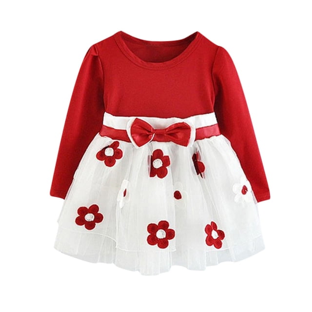 yoeyez Robes en Tulle pour Tout-Petites Filles Enfants Filles Printemps Manches Longues Fleur Tutu Robe de Fête pour Petite Fille Invitée de Mariage Rouge, 4-5 Ans