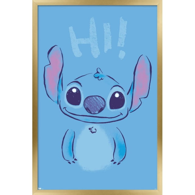 Disney Lilo and Stitch - Hi Wall Poster, 22.375" x 34" featuring a front-facing illustration of Stitch with large black eyes, a smiling mouth, and oversized ears with pink inner shading on a blue background with the word 'Hi!' above, printed on glossy poster paper in a light wood frame, suitable for decorating bedrooms or kid's rooms.