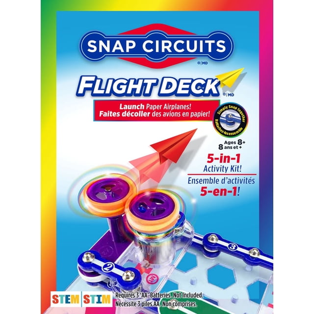 Snap Circuits® Science STEM Electronics FLIGHT DECK (SCFLTKITFR) Trousse de 5 Projets Montrant un Gros Plan d'Une Carte de circuit Plastique Bleue et Transparente avec des Roues Pivotantes orange et Violette Lançant un Avion en Papier Rouge, Conçue pour les Enfants de 8 Ans et Plus pour Apprendre l'Aérodynamique et l'Électronique en Construisant des circuits Qui Activent des Lanceurs d'Avion en Papier et d'Autres Activités STEM, Convient Aussi à la Combinaison avec d'Autres Trousses Snap circuits.