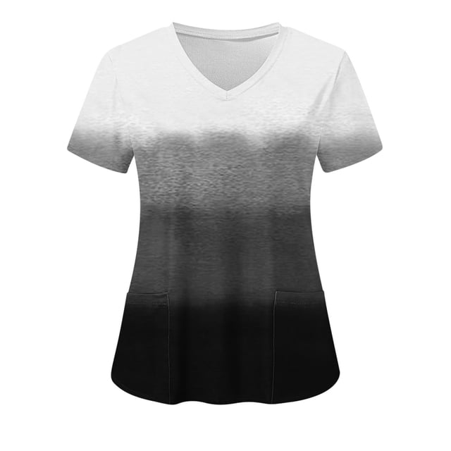 EQWLJWE Women's Plus Size V-Neck Short Sleeve Printed Scrub Top with Pocket. This medical scrub top features a gradual black-to-white printed design, short sleeves, and a V-neckline. It includes two front pockets and a loose, flowing hem for comfort. Made from a blend of 95% polyester and 5% spandex, it is soft, breathable, and suitable for daily wear or professional settings.