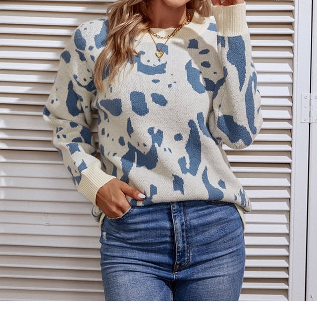 VgaVtl Chandails pour Femmes à Manches Longues, Chandail à Enfiler, Chandails pour Femmes Automne Régulier, Imprimé Animal, Tricoté, Confortable, Chandails Bleus