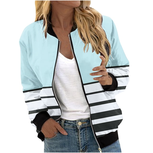 vdgthytj Fall Jackets for Women Long Sleeve Zip up Stand Collar Bomber Jacket Fall Trendy Color Block Striped Coat